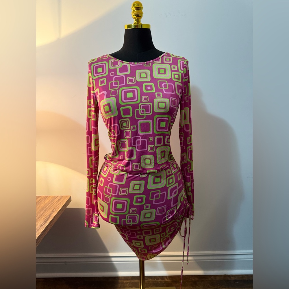 Fashion Nova Pink and Green Geometric Skirt Set